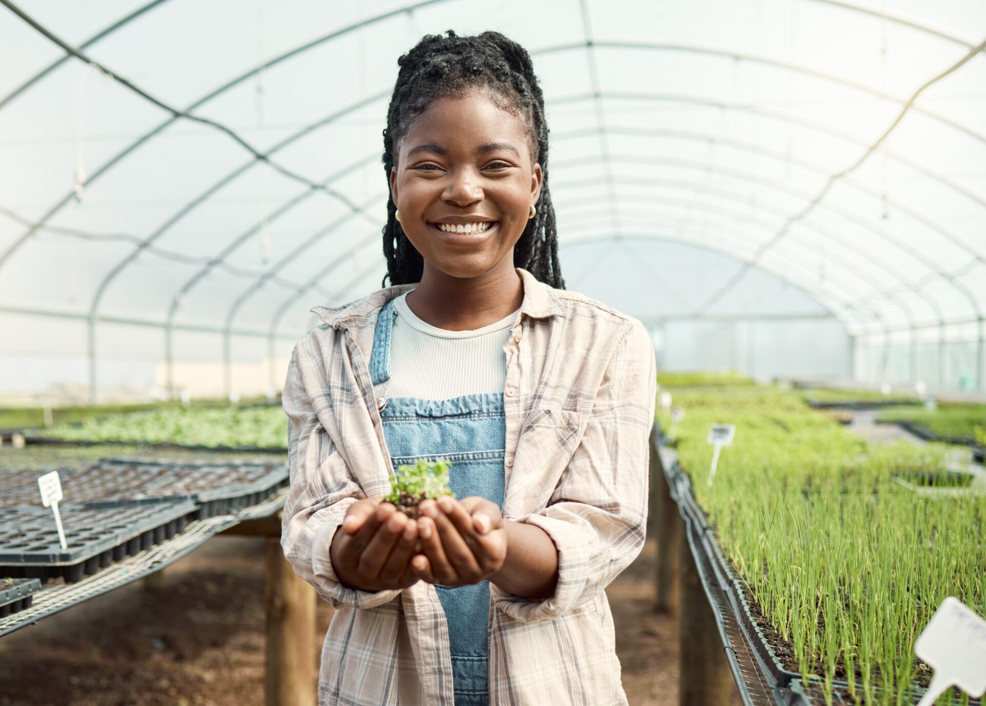 Happy farmer holding soil. Portrait of a farmer holding dirt with a plant. Young woman holding dirt with a blooming plant. Smiling farmer holding harvested plant in soil. Farmer in a greenhouse Happy farmer holding soil. Portrait of a farmer holding dirt with a plant. Young woman holding dirt with a blooming plant. Smiling farmer holding harvested plant in soil. Farmer in a greenhouse.