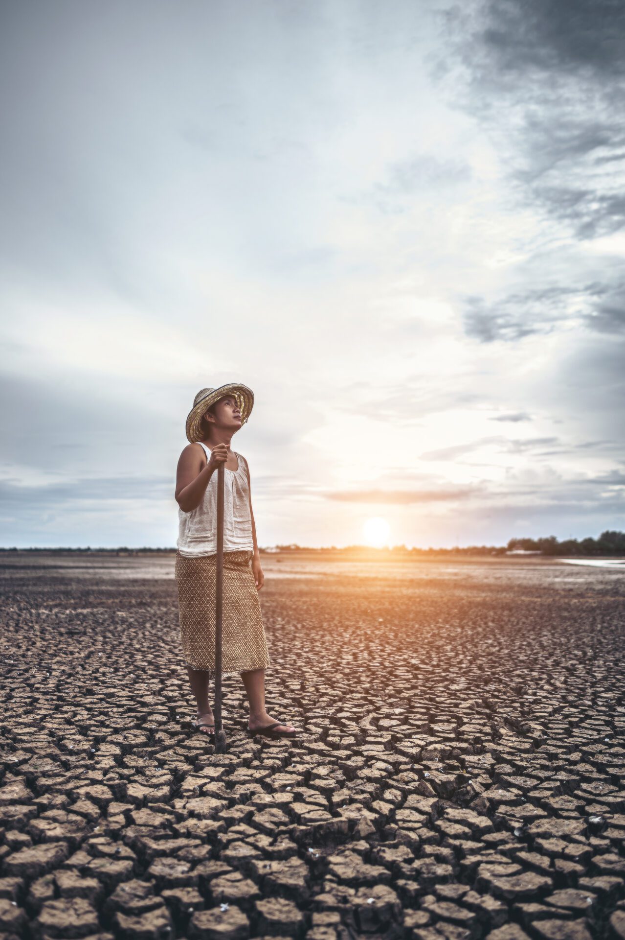 The woman stand his hand and caught a Siem on dry soil and looke The woman stand his hand and caught a Siem on dry soil and looked at the sky.<br />